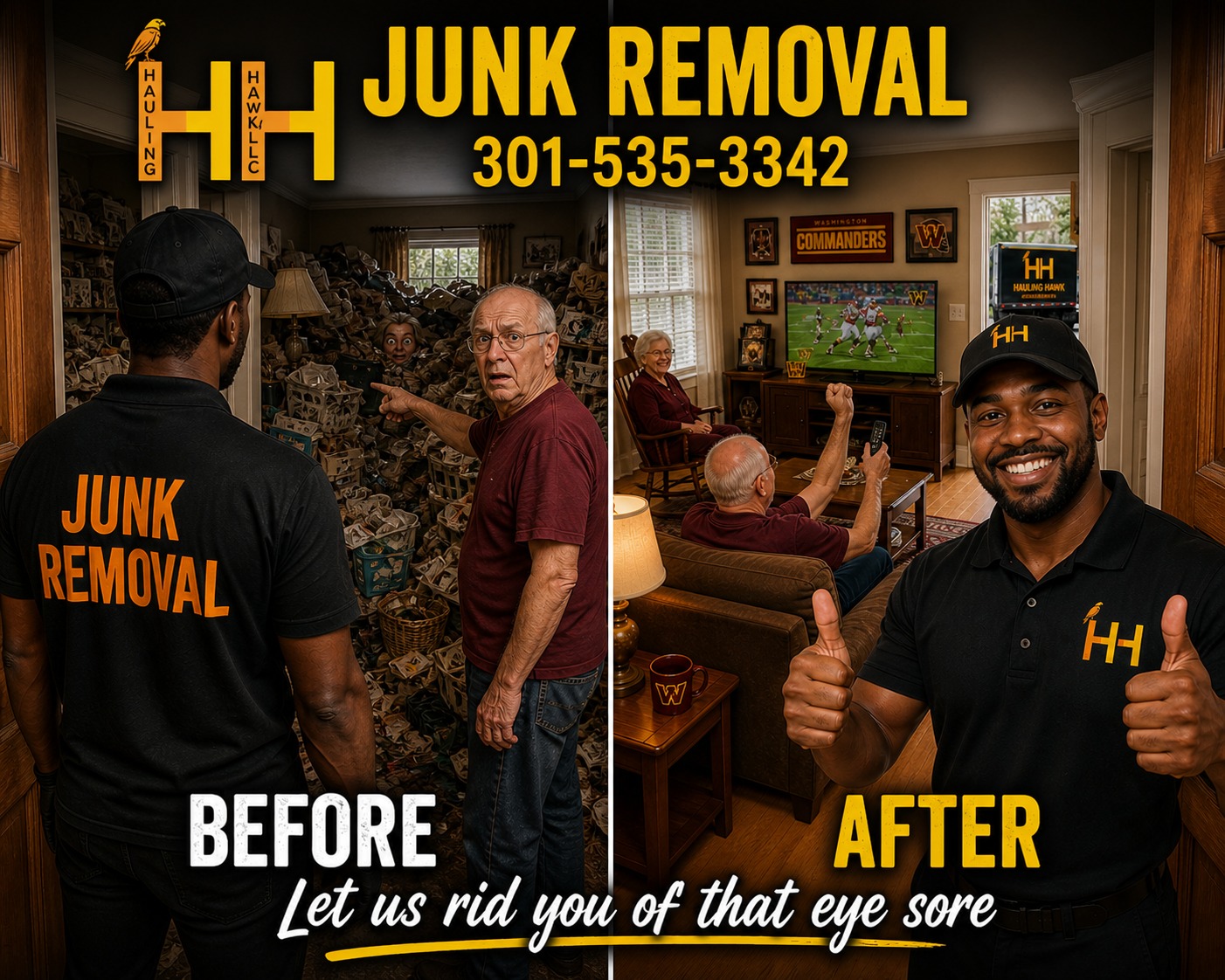 Before and after Hauling Hawk junk removal — cluttered hoarder room transformed into a clean living space
